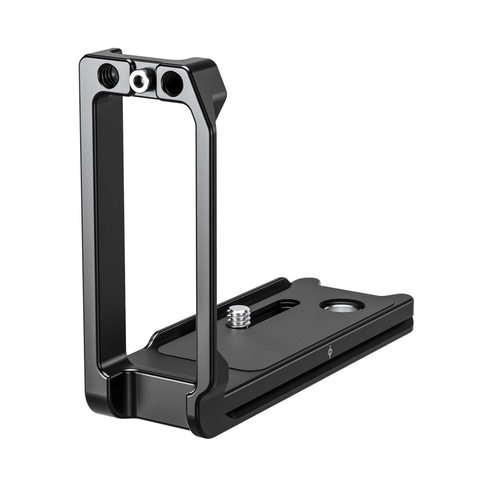 Black L-bracket shown from the side angle, displaying vertical mounting plate and horizontal baseplate with threaded socket and mounting holes.