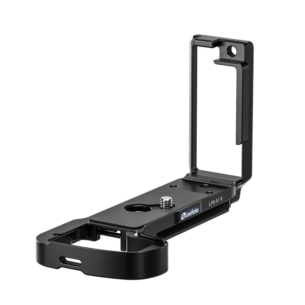 Black L-bracket for Sony A7R6 camera shown from a three-quarter angle view, displaying the vertical grip and horizontal base plate with tripod socket.