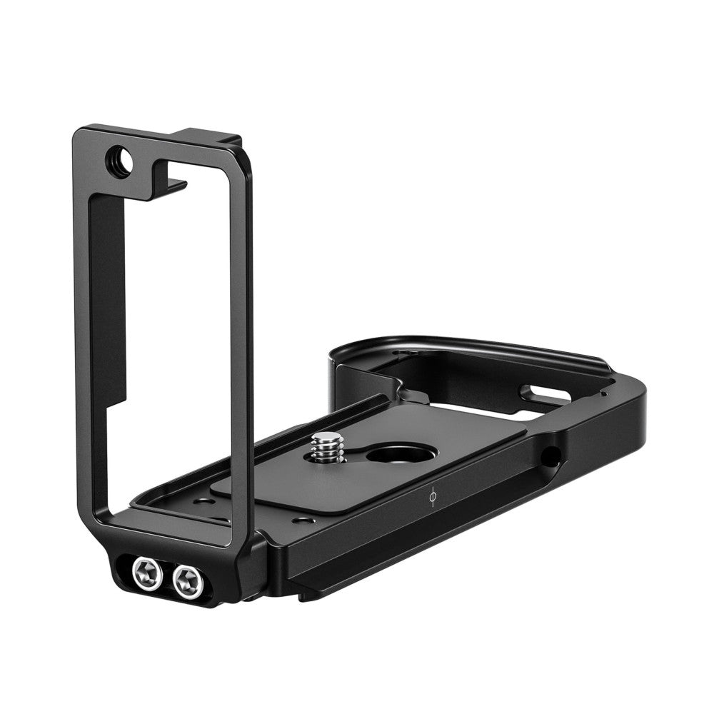 Black L-bracket for Sony A7R6 shown from an angled side view, displaying the vertical and horizontal mounting plates with attachment points and screw mounts.