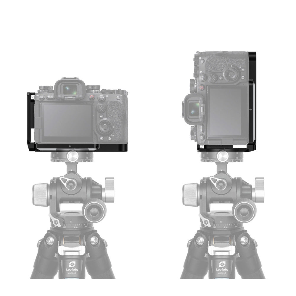 Two views of a black L-bracket mounted on a gimbal head, showing the bracket's left and right side profiles with a camera body positioned above it.
