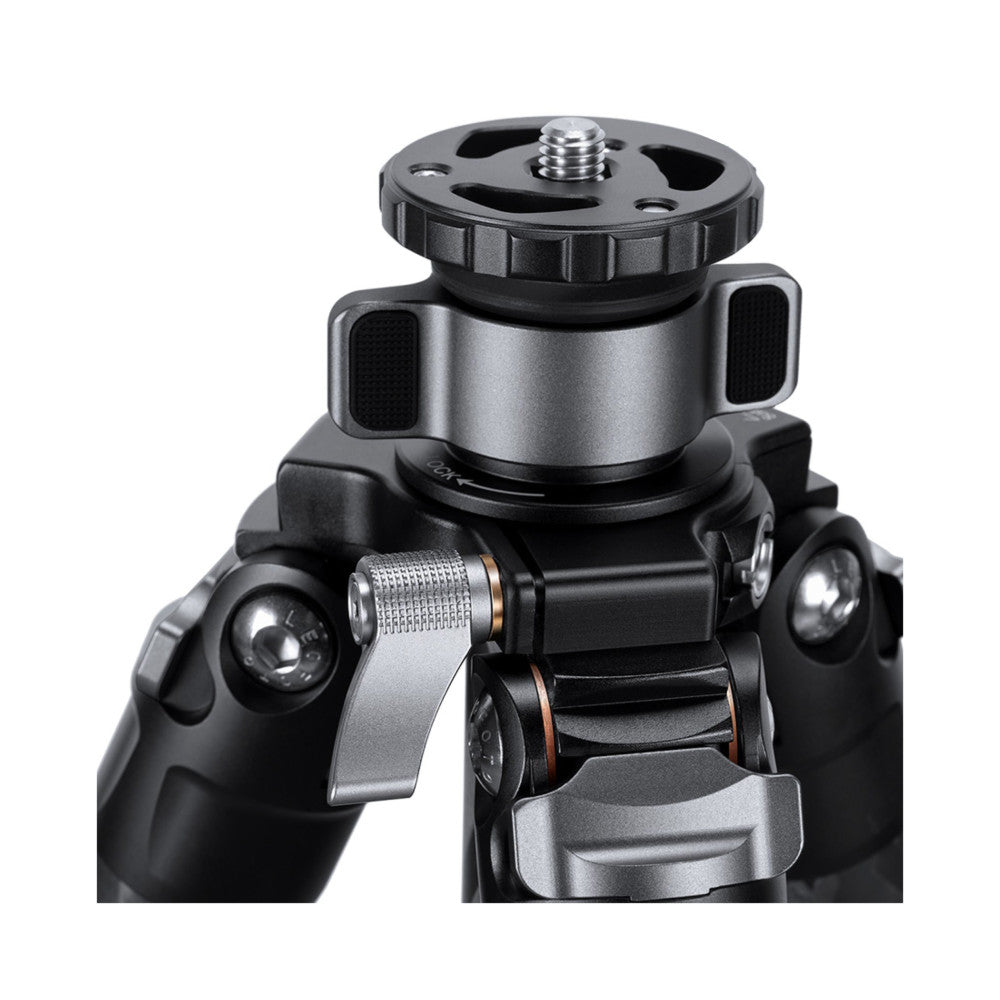 Close-up of tripod ball head and top section showing gray metal head with knurled knob, black legs, and adjustment mechanisms.