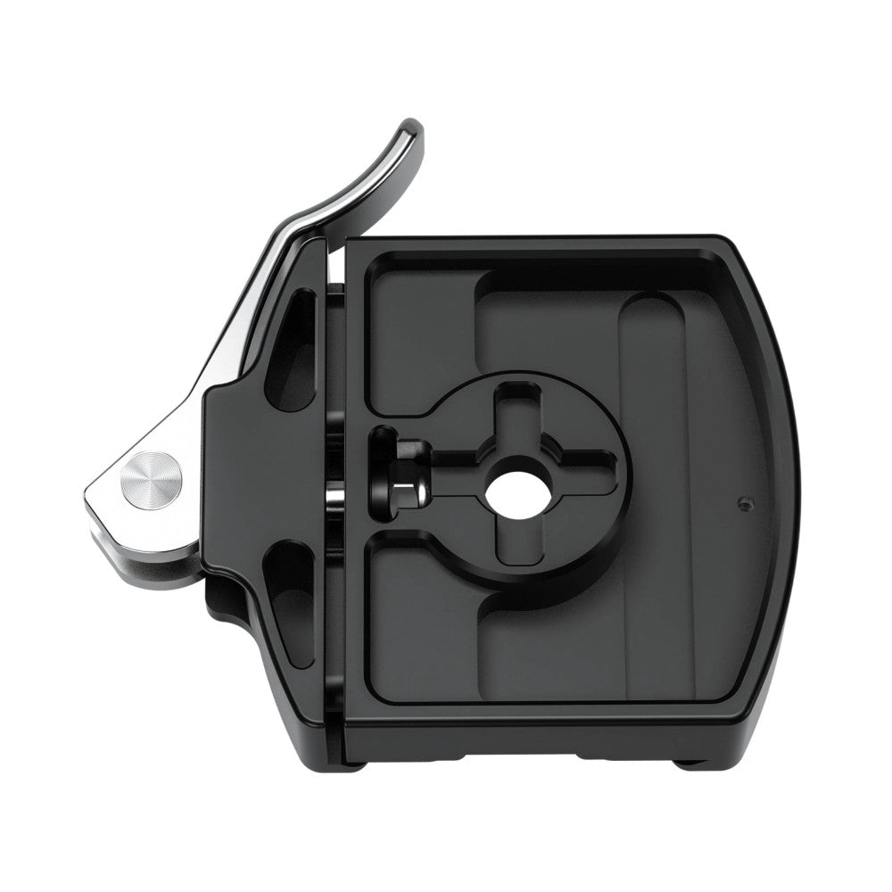 Side view of black Leofoto quick release clamp with lever extended and QP-70N plate mounted, showing internal mechanism and white adjustment knob.