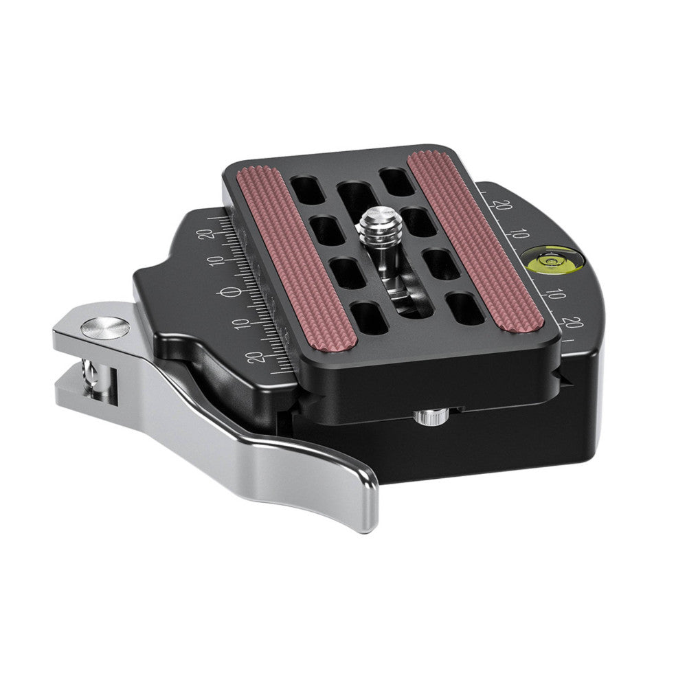 Angled view of a black quick release clamp with red carbon fiber accents, showing the lever mechanism and measurement scale on the side.