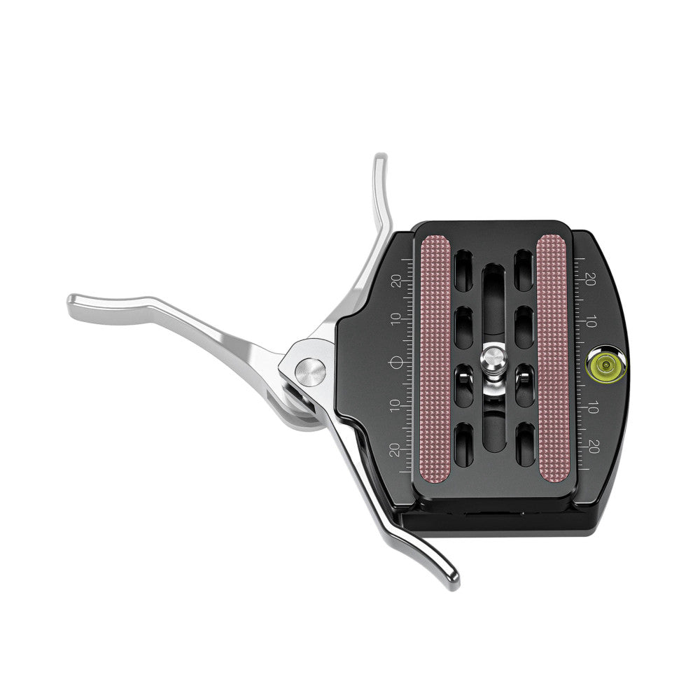 Top-down view of a black quick-release clamp with dual red grip pads, adjustment knobs, and silver metal levers on white background.