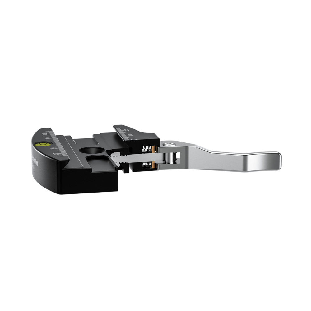 Side view of a black and silver quick release clamp showing the lever mechanism, adjustment scale, and mounting plate extended to the right.