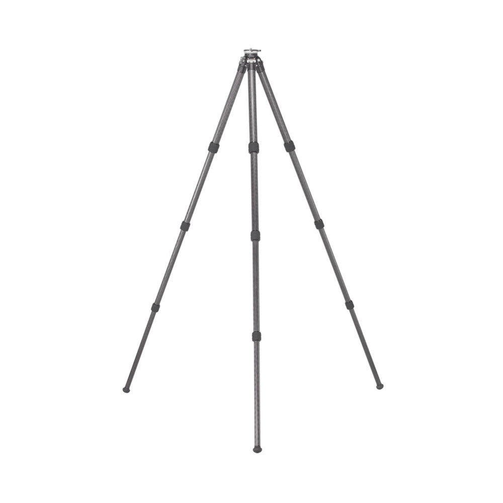 Front view of a four-section carbon fiber tripod with extended legs, showing the head assembly and leveling base against a white background.
