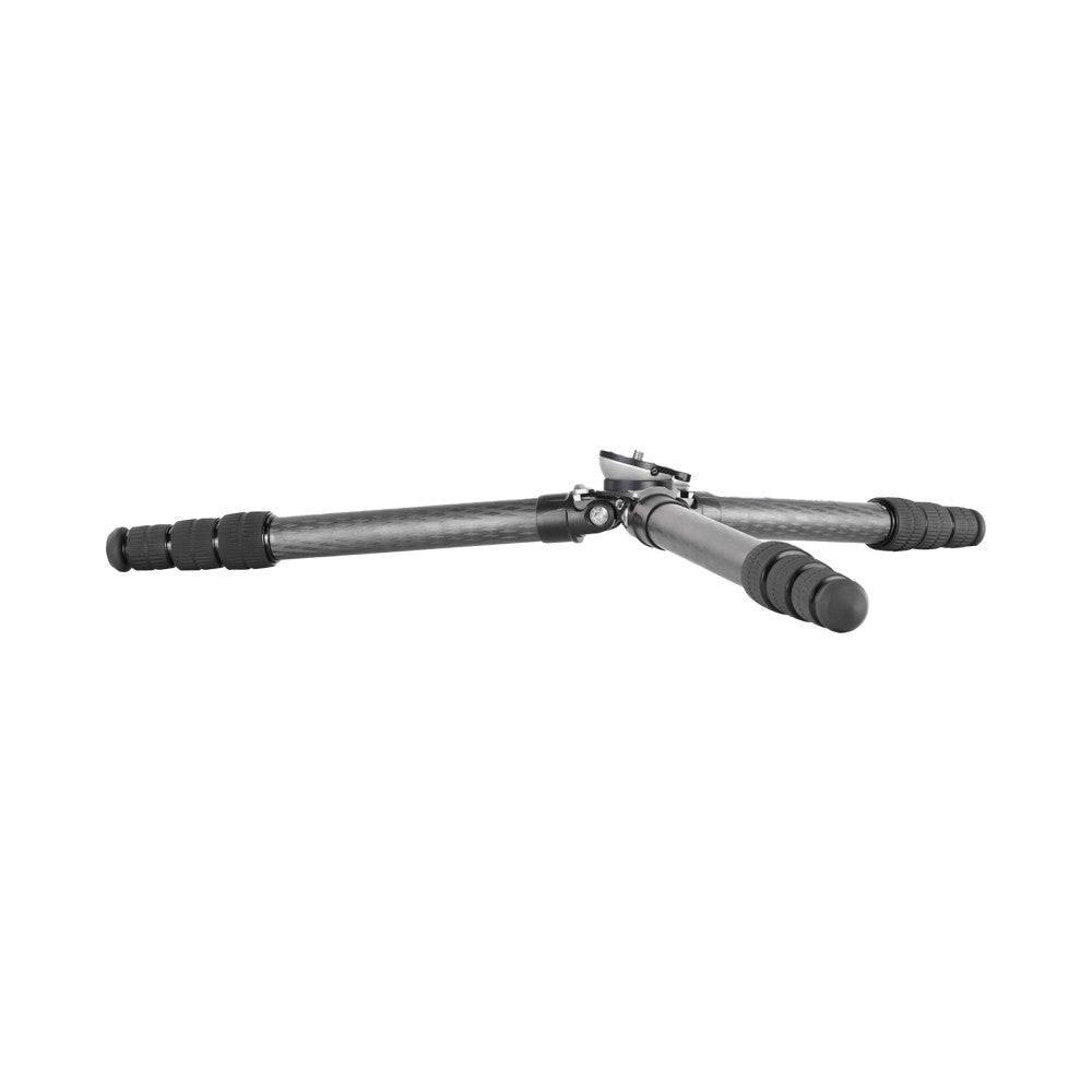 Carbon fiber tripod with spread legs and leveling base system, shown from side angle against white background.