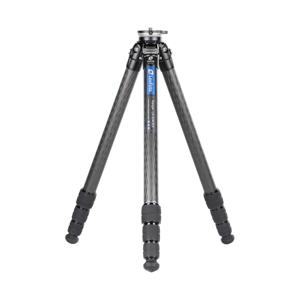 Front view of a carbon fiber tripod with extended legs, ball head mount, and blue branding on the center column against a white background.