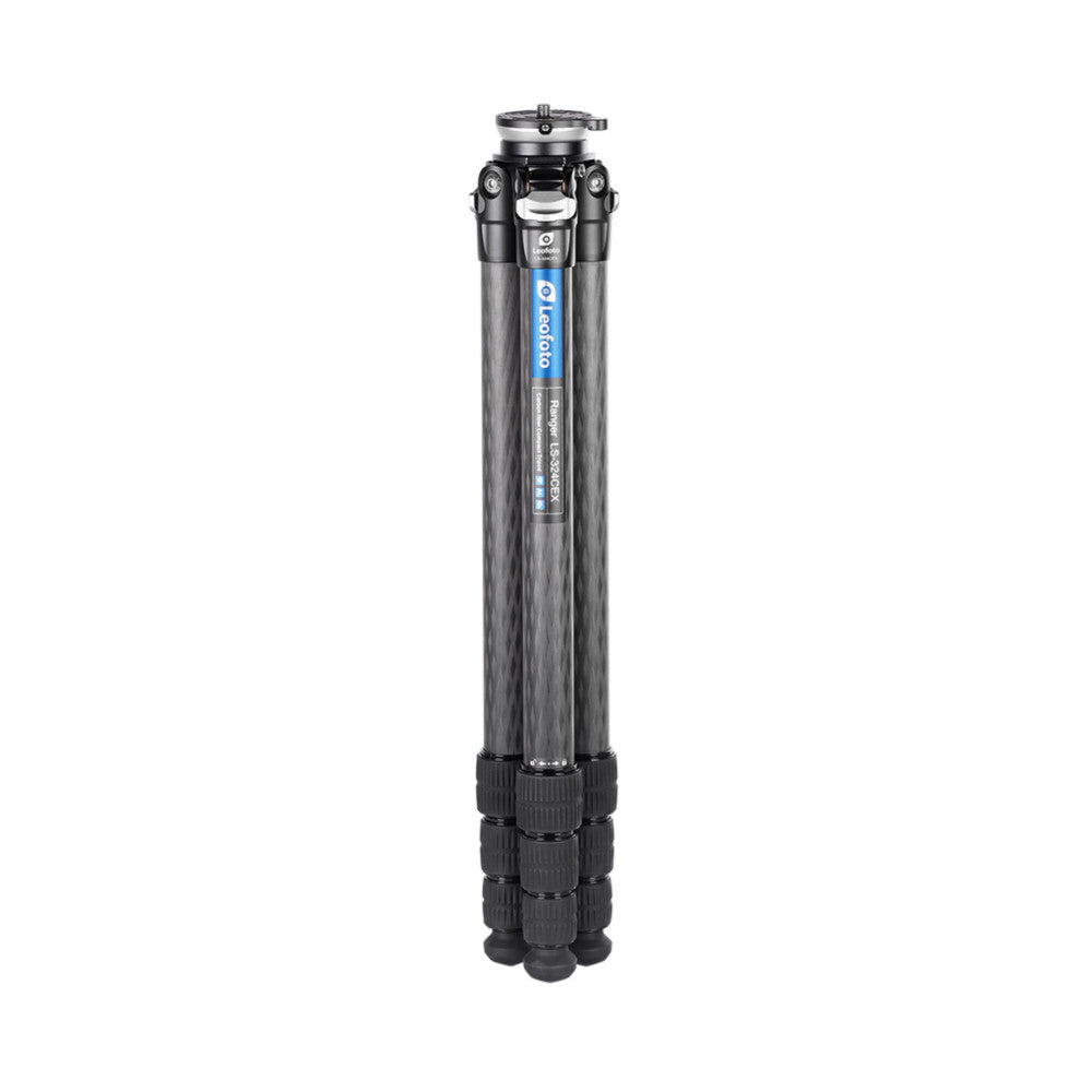 Front view of extended carbon fiber tripod with ball head mount, blue branding stripe, and folded leg sections at base against white background.