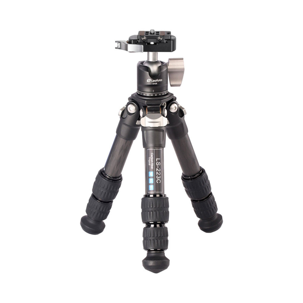 Leofoto LS-365C carbon fiber tripod with ball head, shown front view against white background with legs extended and center column visible.