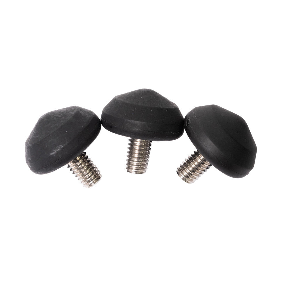Three black rubber tripod feet with metal threaded studs arranged in a row against a white background.