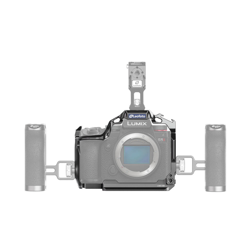 Leofoto S5II camera cage shown from front with side handles and top-mounted accessory bracket attached to Panasonic Lumix S5 II.