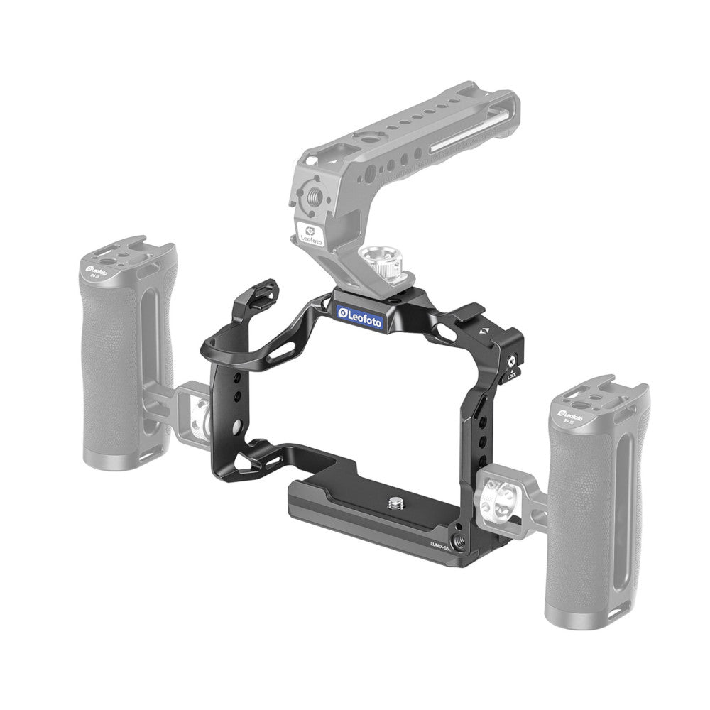 Leofoto S5II camera cage shown in exploded view with three camera body positions and top handle mounted on black aluminum frame.