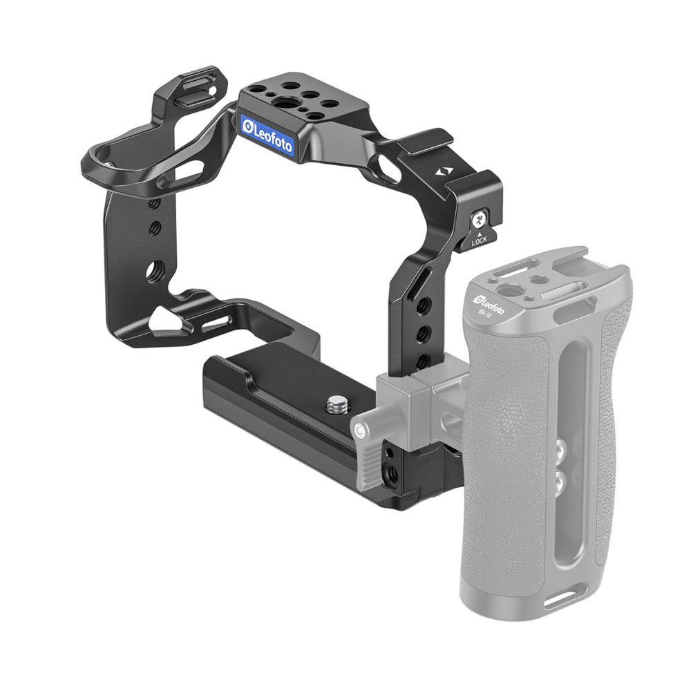 Leofoto S5II camera cage shown in exploded view with components separated, displaying the modular black aluminum frame and mounting bracket system.