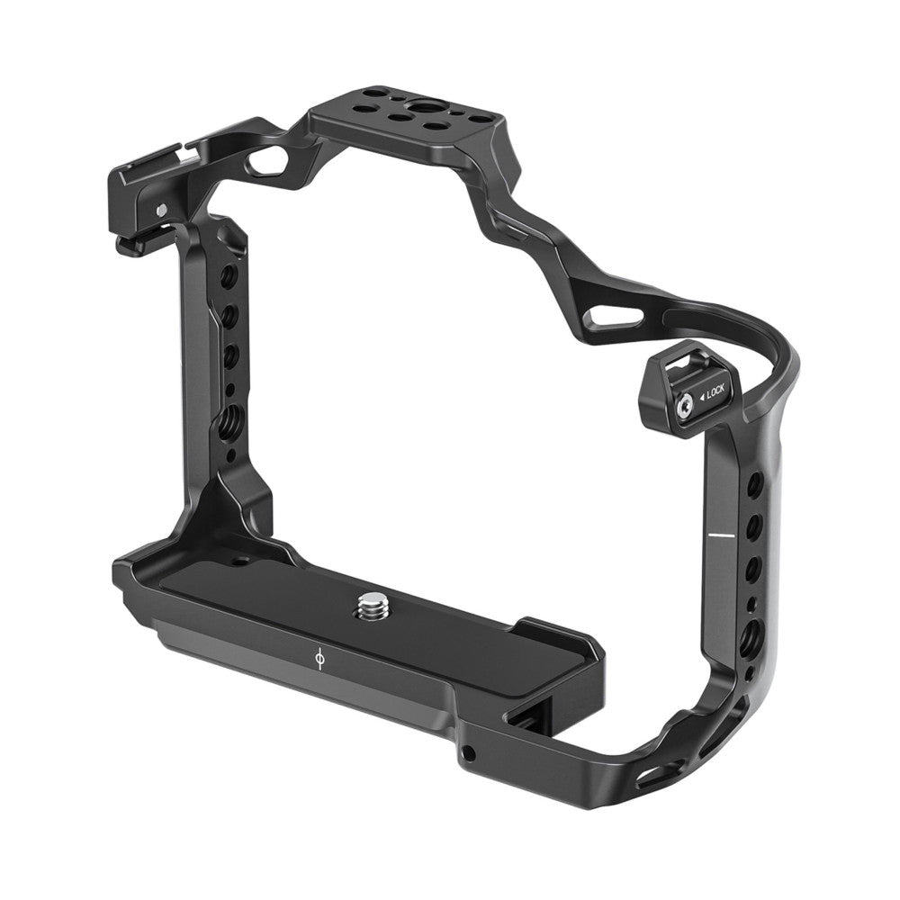 Black aluminum camera cage with top handle and right-side grip, shown from three-quarter view against white background.