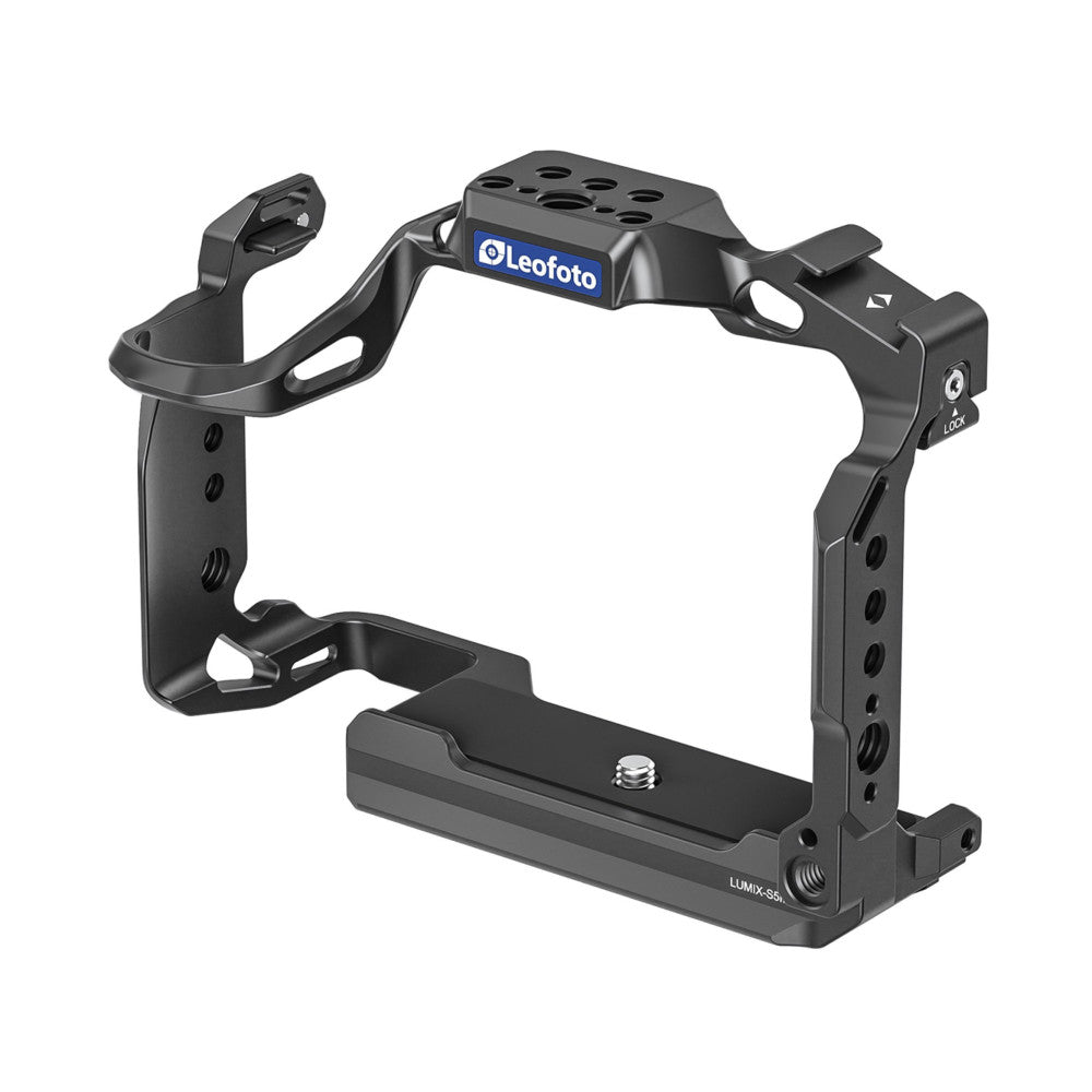 Black metal camera cage with Leofoto branding, shown in isometric view displaying frame structure, mounting handles, and attachment points.
