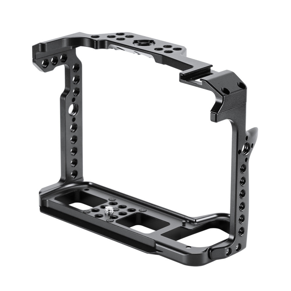 Black aluminum camera cage with mounting rails and attachment points, shown in three-quarter view against white background.