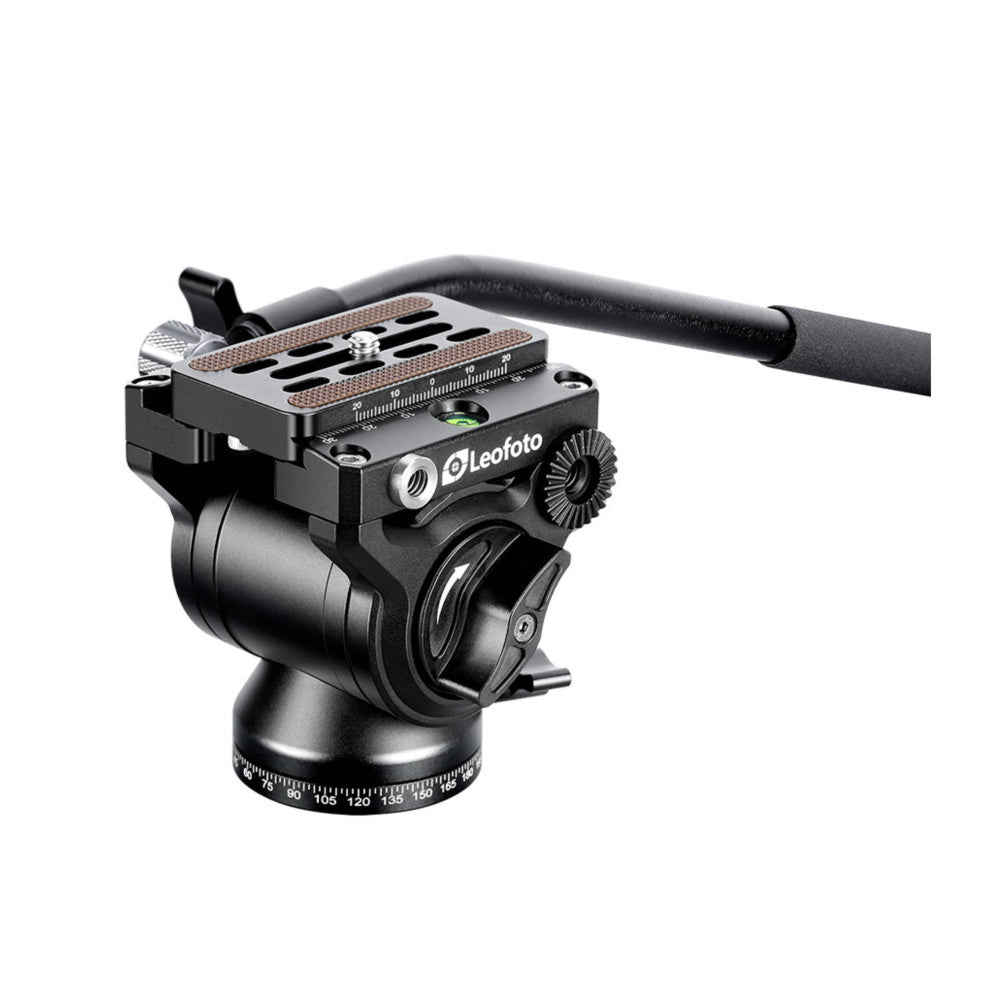 Leofoto BV-5 video head mounted on tripod with panoramic base, shown from side angle against white background.