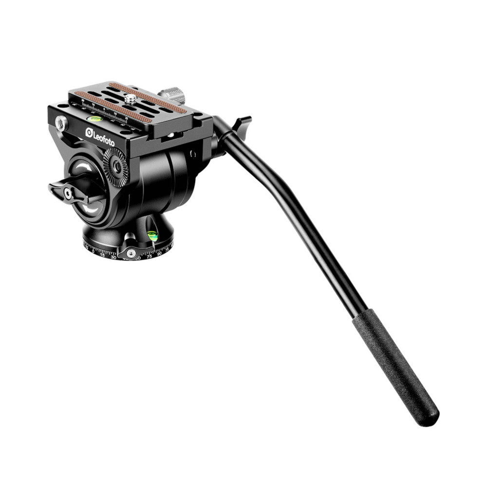 Leofoto video tripod with BV-5 head shown at an angle, displaying the fluid pan-tilt head, quick-release plate, and extended carbon fiber leg against white background.