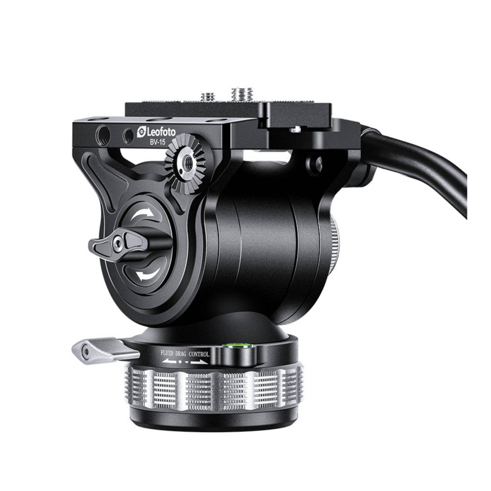 Black video tripod head with fluid drag control shown from side angle, featuring ball base and pan handle extension.