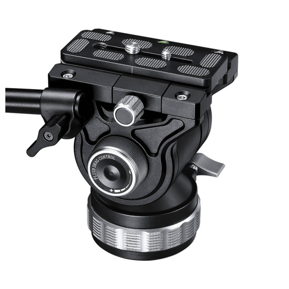 Black professional video tripod head with fluid pan-tilt control, quick-release plate, and attached aluminum bowl base, photographed against white background.
