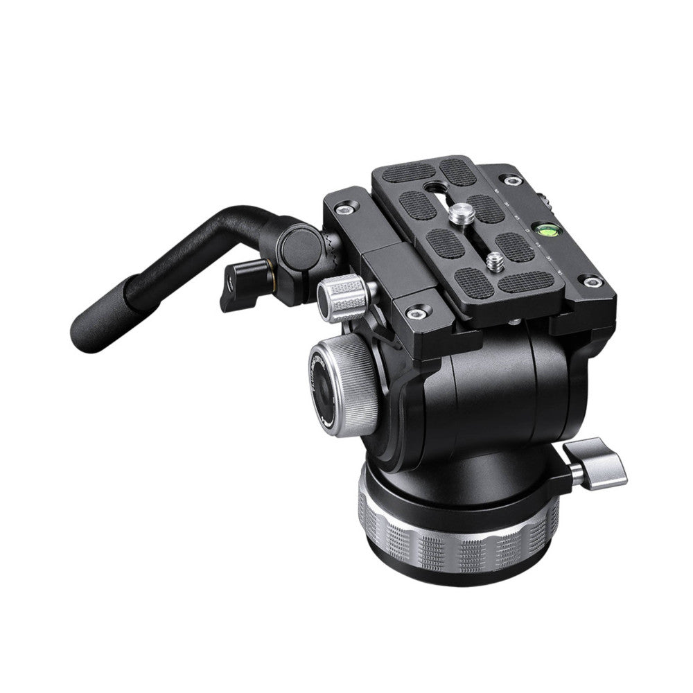 Professional video tripod head with fluid pan-tilt mechanism, quick-release plate, and foam grip handle shown against white background.