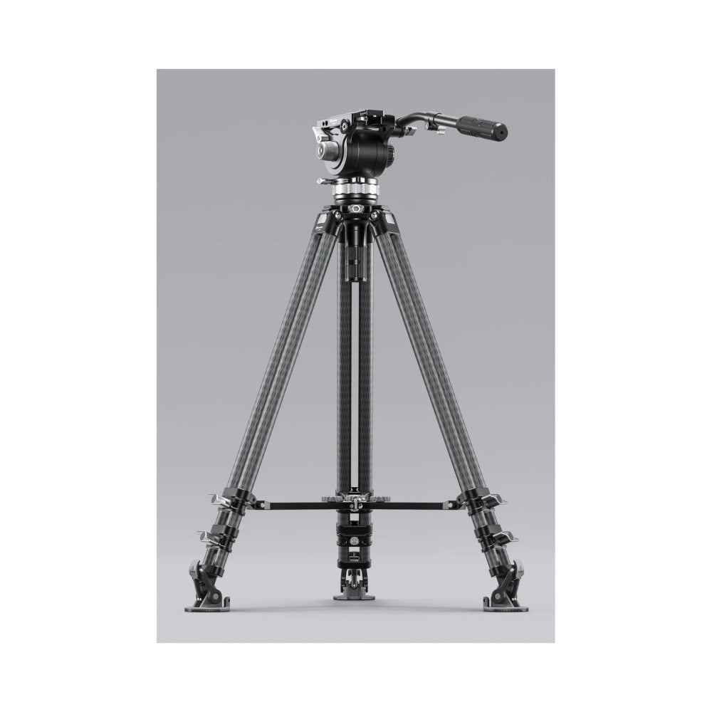 Professional video tripod with fluid head mounted on carbon fiber legs, shown in front view against neutral gray background.
