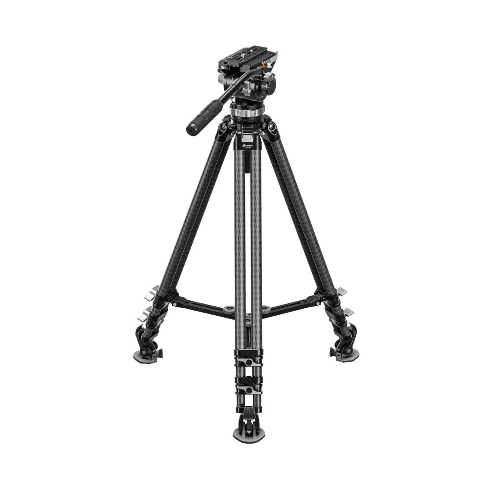 Black professional video tripod with fluid head and extended handle, shown from front at three-quarter angle against white background.