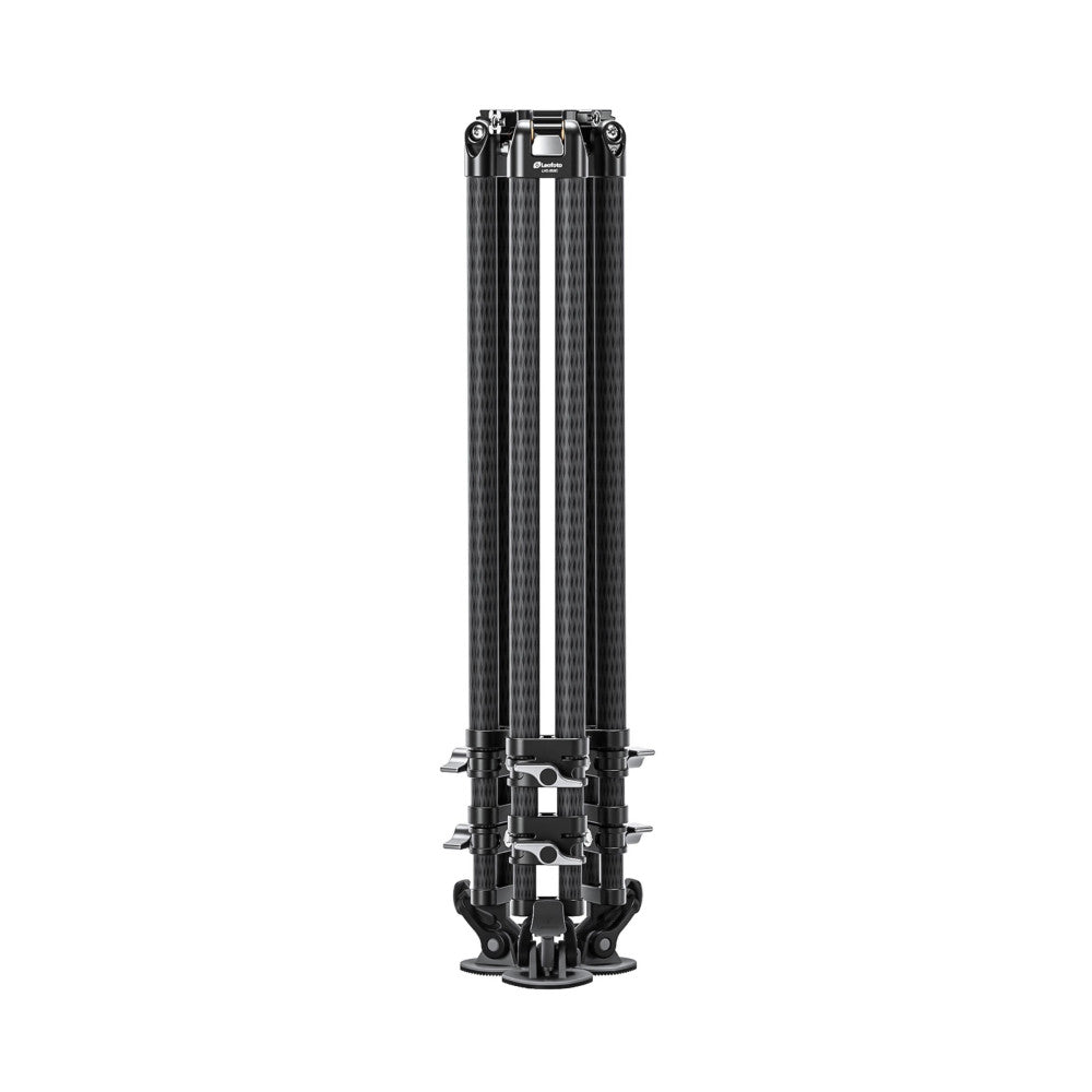 Front view of a tall black carbon fiber tripod with four vertical sections, featuring two mid-level braces and a spreader base with feet.
