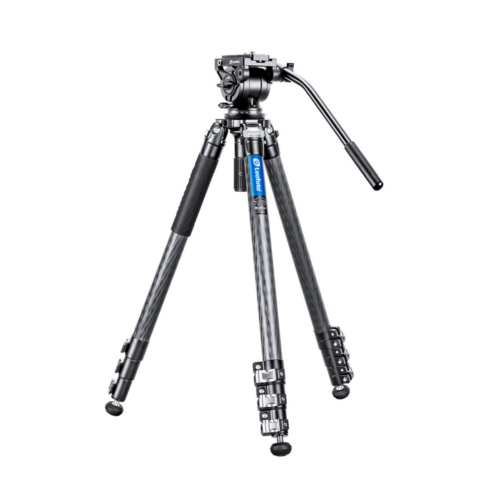 Professional video tripod with fluid head shown from front angle against white background, displaying carbon fiber legs and blue branding.