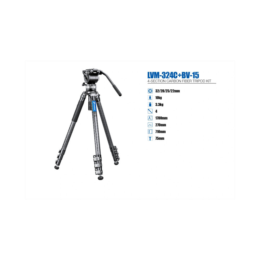 Black carbon fiber tripod with fluid video head shown fully extended at three-quarter angle against white background with specifications listed on right.
