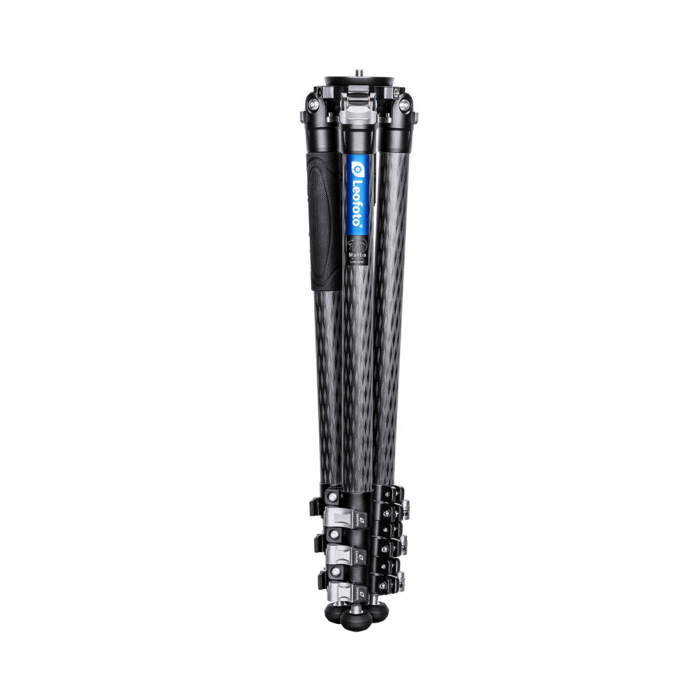Black carbon fiber video tripod with blue Leofoto branding, shown from front view against white background, featuring multiple leg locks and ball feet.