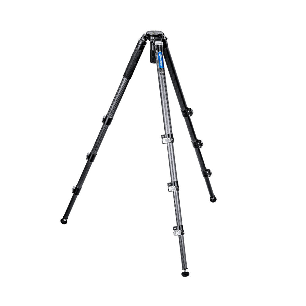 Three-legged video tripod with gray carbon fiber legs, black joints, and ball head shown fully extended against white background.