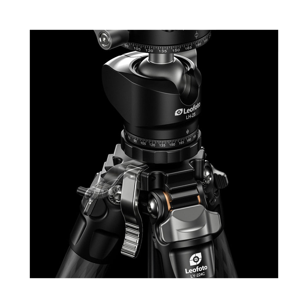 Close-up of Leofoto LY-224C tripod with LH-25 ball head against black background, showing leg locks, pan-tilt head with degree markings, and control handles.