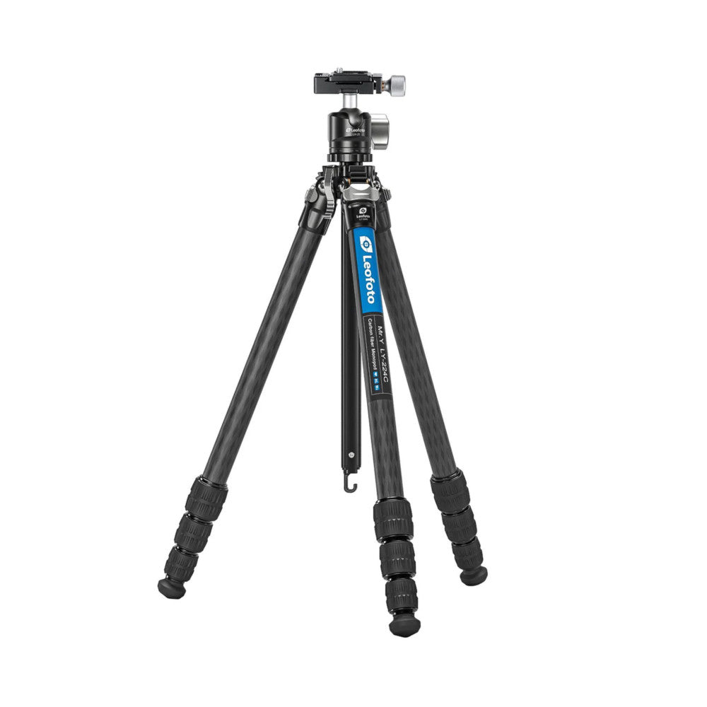 Black carbon fiber tripod with ball head mounted on top, shown from front angle against white background.