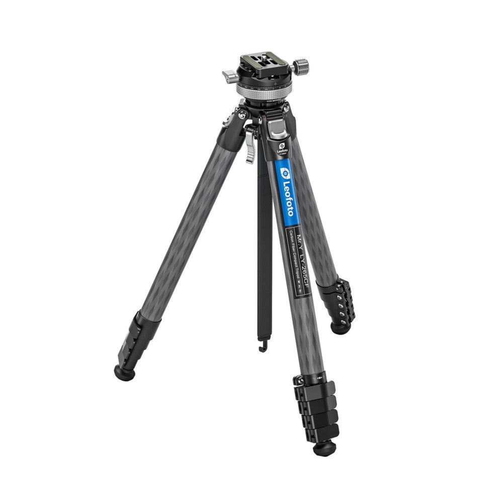 Three-quarter view of a carbon fiber tripod with extended legs and an inverted ball head mount on top, displayed against a white background.