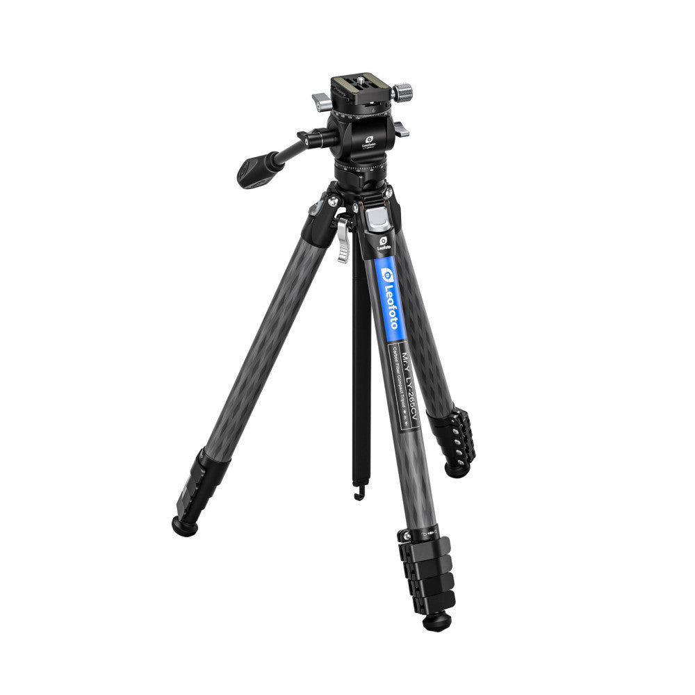 Professional carbon fiber tripod with ball head and video head, shown at three-quarter angle against white background.