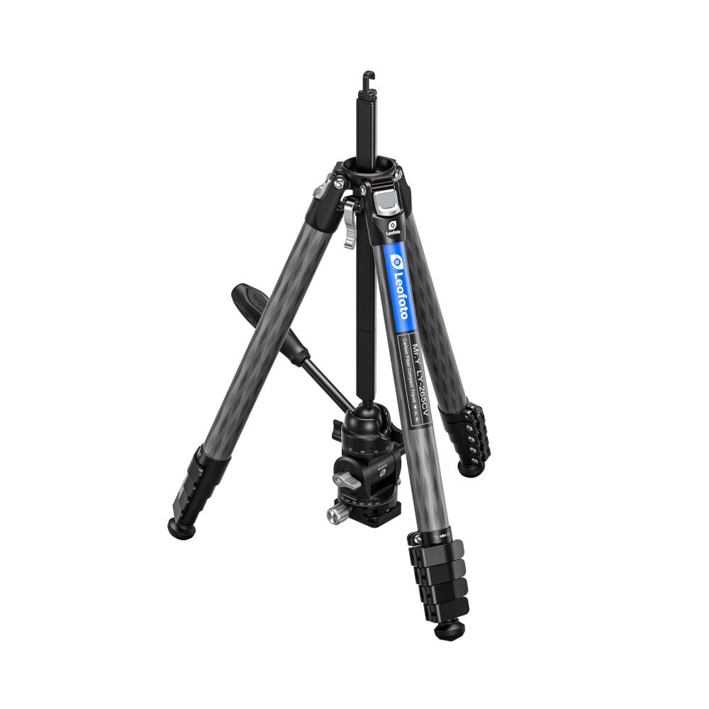 Professional carbon fiber tripod with ball head and video head against white background, front three-quarter view showing extended legs and central column.