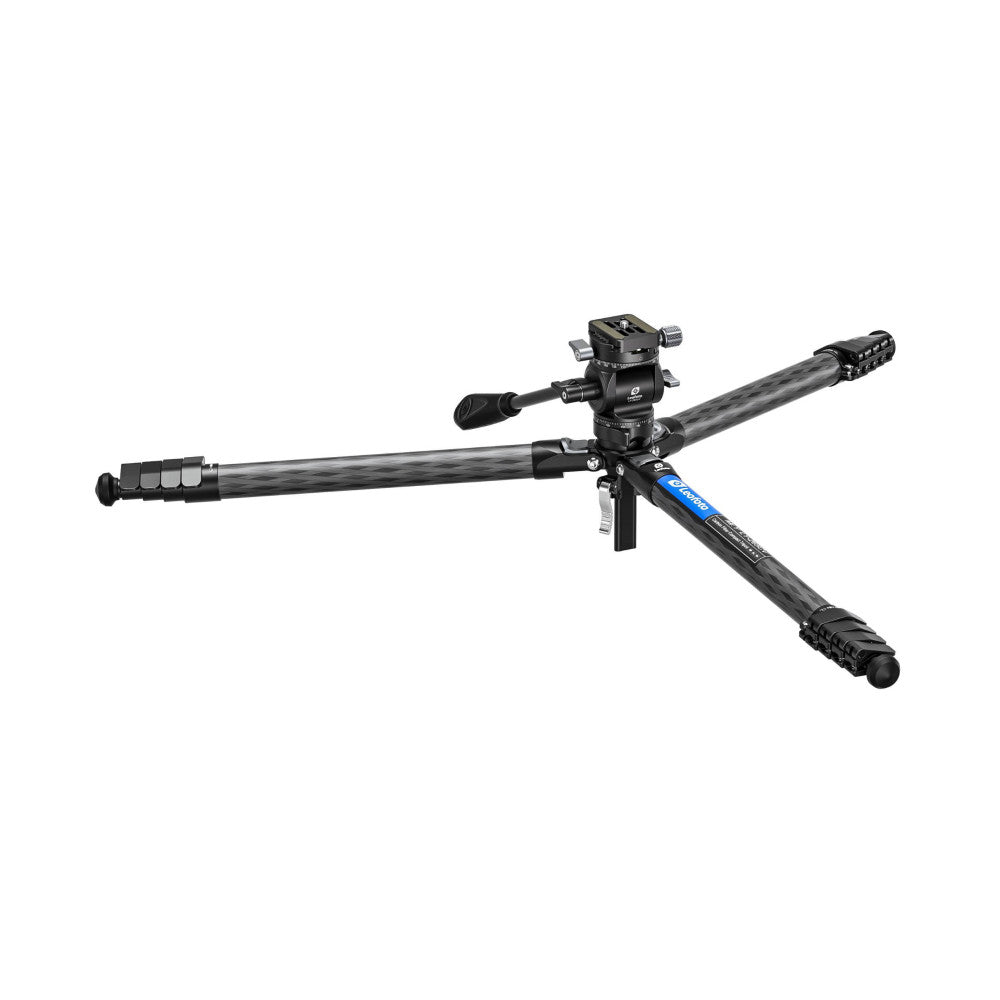 Side view of a black carbon fiber tripod with ball head and video head mounted on top, displayed against a white background.