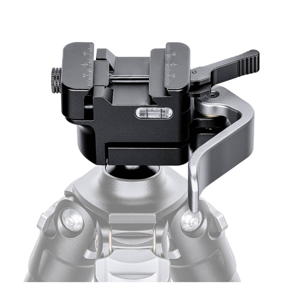 Top view of a black ball head with dual adjustment knobs, level indicator, and quick-release plate mounted on a silver tripod head.