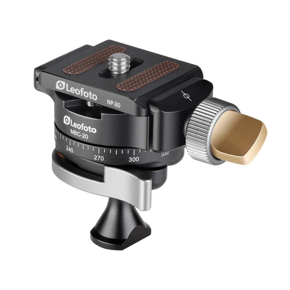Leofoto MBC-20 ball head shown from a three-quarter view angle, displaying the NP-30 quick-release plate, calibrated pan base with degree markings, and bronze pan handle.