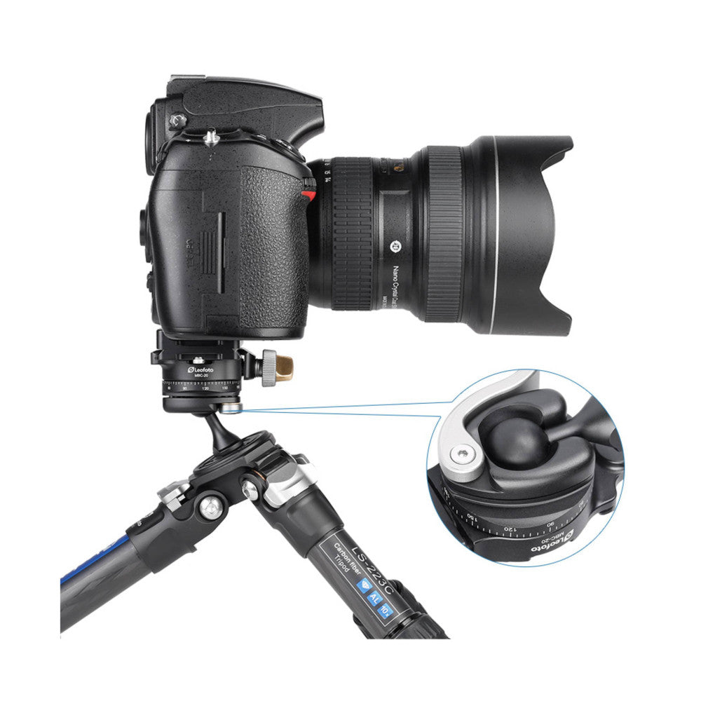 Leofoto MBC-20 ball head mounted on tripod with DSLR camera, showing side view and close-up detail of pan-tilt mechanism.