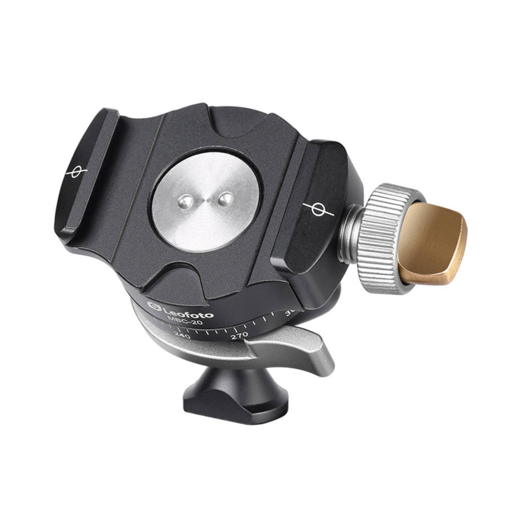 Leofoto MBC-20 mini ball head shown from the side, displaying the silver ball joint, black body, brass knob, and degree markings on the base.