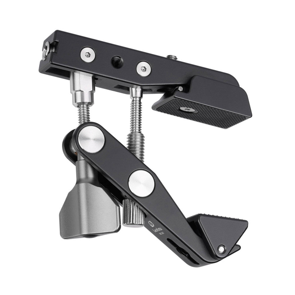 Leofoto MC-100 multipurpose clamp shown from side angle, displaying adjustable arms with ball heads and friction knobs against white background.
