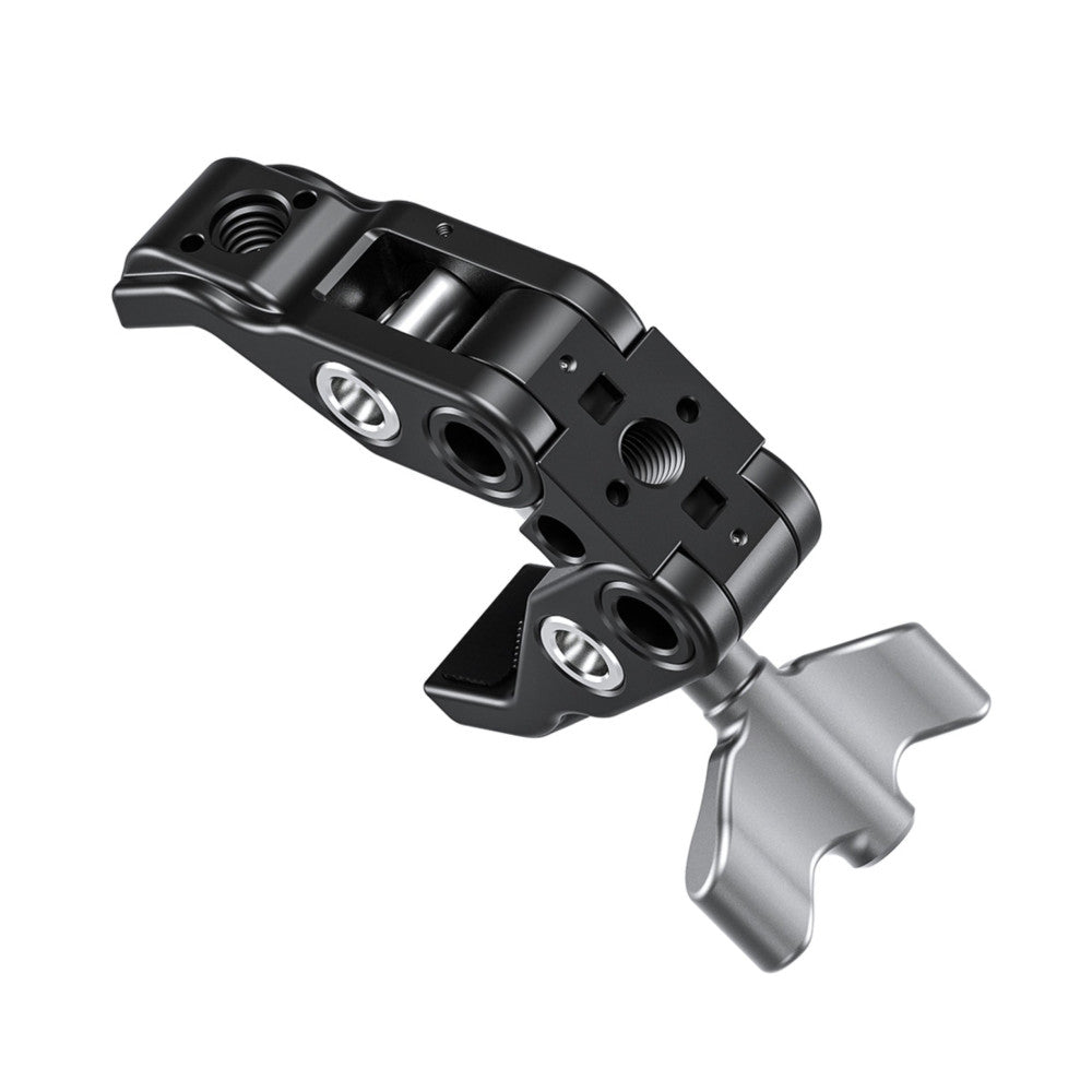 Black metal clamp with ball head mounts and silver lever handle shown at an angle against white background.