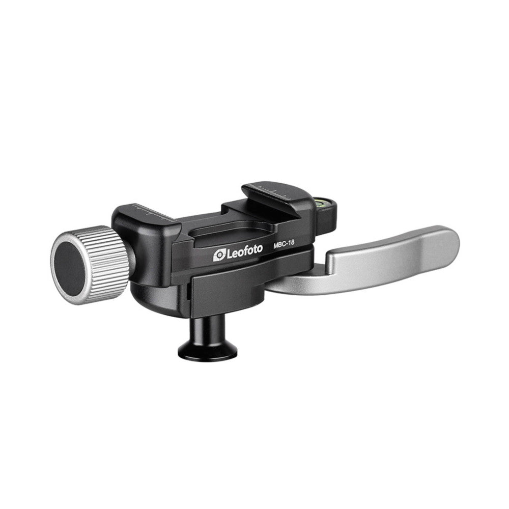 Leofoto MBC-18 multi-function clamp shown from side angle with adjustment knob and metal lever arm visible against white background.