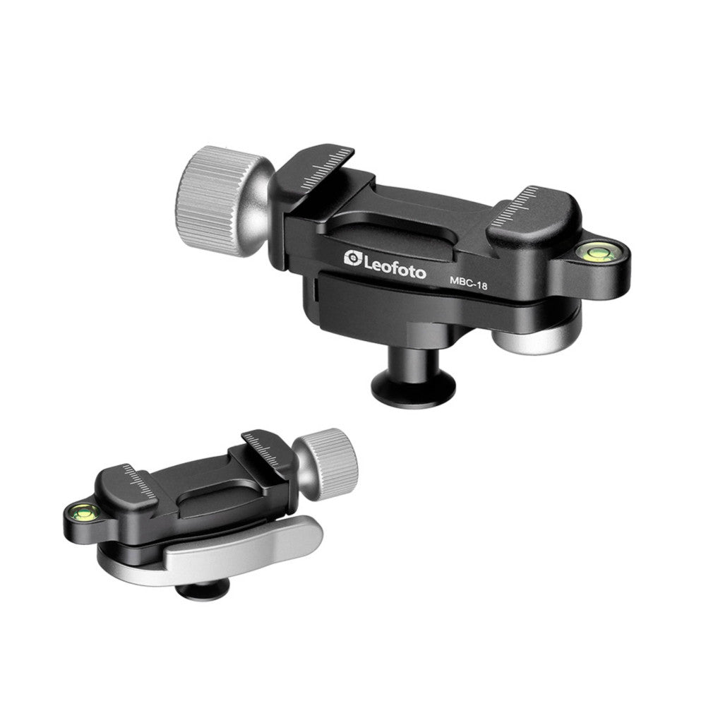 Two views of a black Leofoto MBC-18 camera clamp: top angle showing the clamp head with adjustment knobs, and bottom view displaying the mounting base.