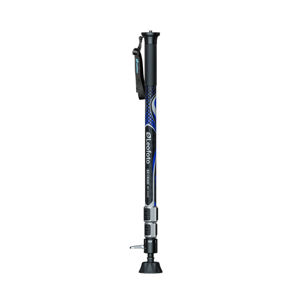 Black and blue carbon fiber monopod with carrying strap, shown against white background in full-length side view