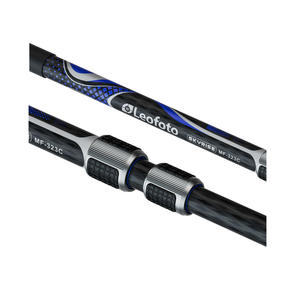 Close-up detail view of Leofoto MF-323C monopod showing blue and black carbon fiber shaft with grip sections and branding.