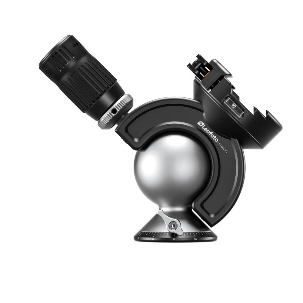 Black and silver spherical camera head with lever-release clamp, shown from front angle with microphone attachment and pan base visible.